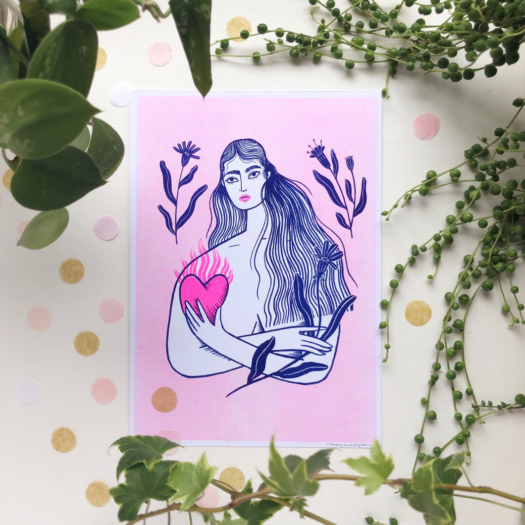Heart In Hand Pink A5 Riso Print